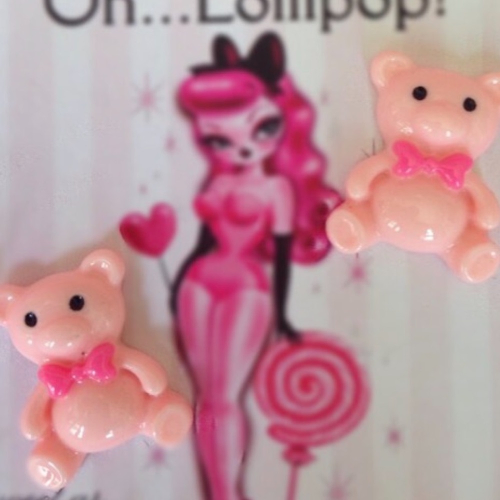 Pastel pink teddy bear Lollipop earrings candy bow Lolita angel kawaii Barbie